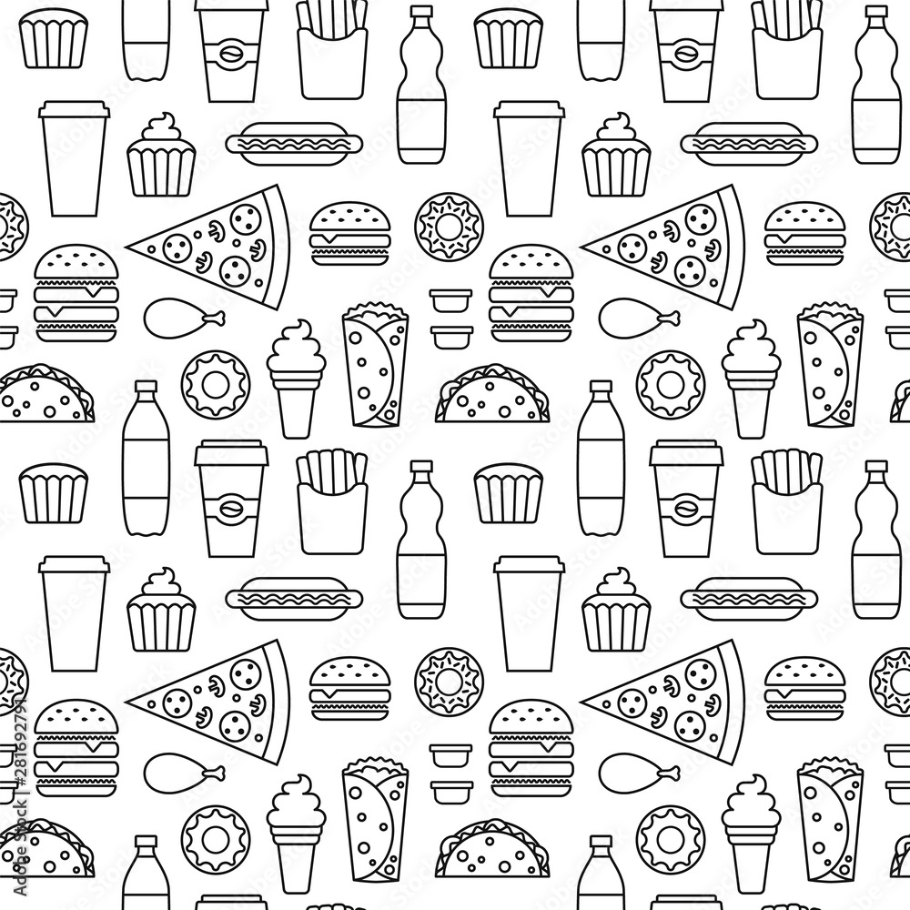 Contoured fast food seamless pattern. Junk food outline vector repeating background for textile design, wrapping paper, wallpaper.