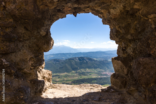 Panoramical view from Cathar castle Queribus over valley in Occitania, France