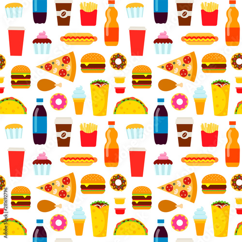 Colorful fast food seamless pattern. Junk food vector repeating background for textile design, wrapping paper, wallpaper.