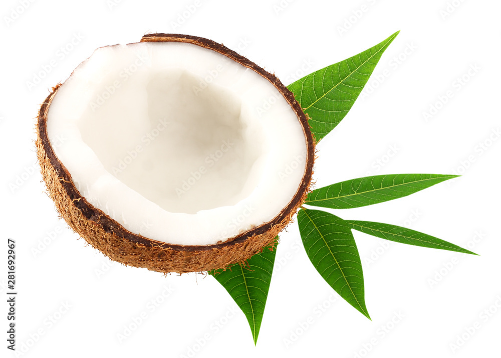 half of coconut with green leaves isolated on white background half of coconut with green leaves isolated on white background