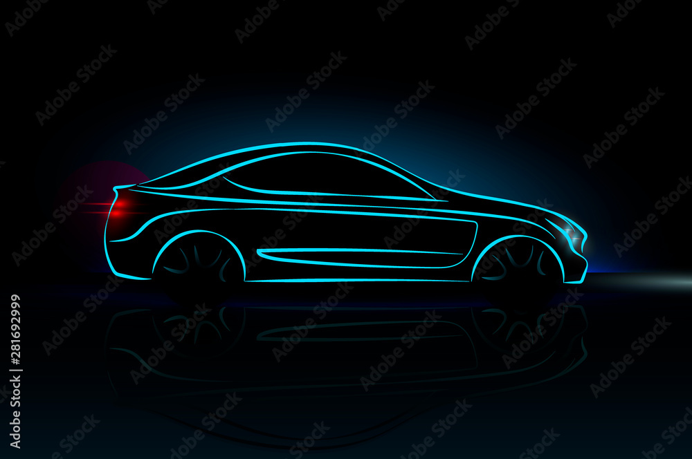 Naklejka Car silhouette made from lines, side view. Modern blue neon car silhouette for logo, banner for marketing advertising design. Vector illustration. Isolated on black background.