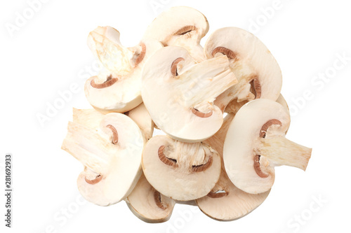 Fotografie, Obraz Sliced mushrooms isolated on white background. top view