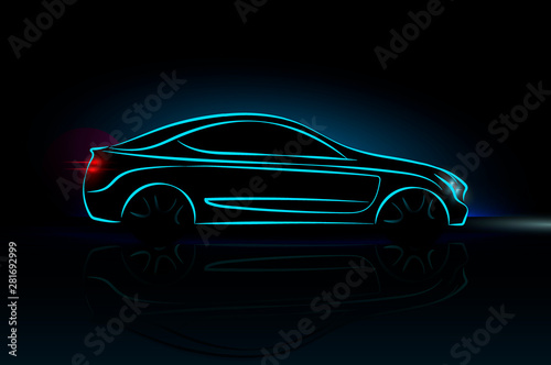 Car silhouette made from lines, side view. Modern blue neon car silhouette for logo, banner for marketing advertising design. Vector illustration. Isolated on black background.