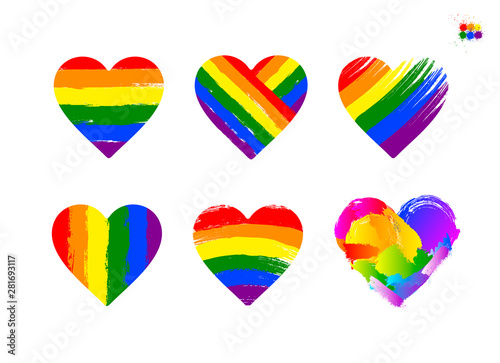 Set of LGBT pride flag or rainbow pride flag on heart background. Celebrated annual. LGBT flag stripes. Vector illustration. Isolated on white background.