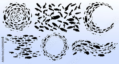Set of schools of fish. Black silhouettes of groups of sea fishes swim in a circle. Colony of small fish. Marine life. Tattoo. Logo fishes. Icon vector illustration. Isolated on white background.