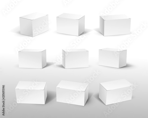 Set of white box mockup. 9 blank packaging boxes, cube perspective view and cosmetics product package mockups 3d. Vector illustration. Isolated on white background.