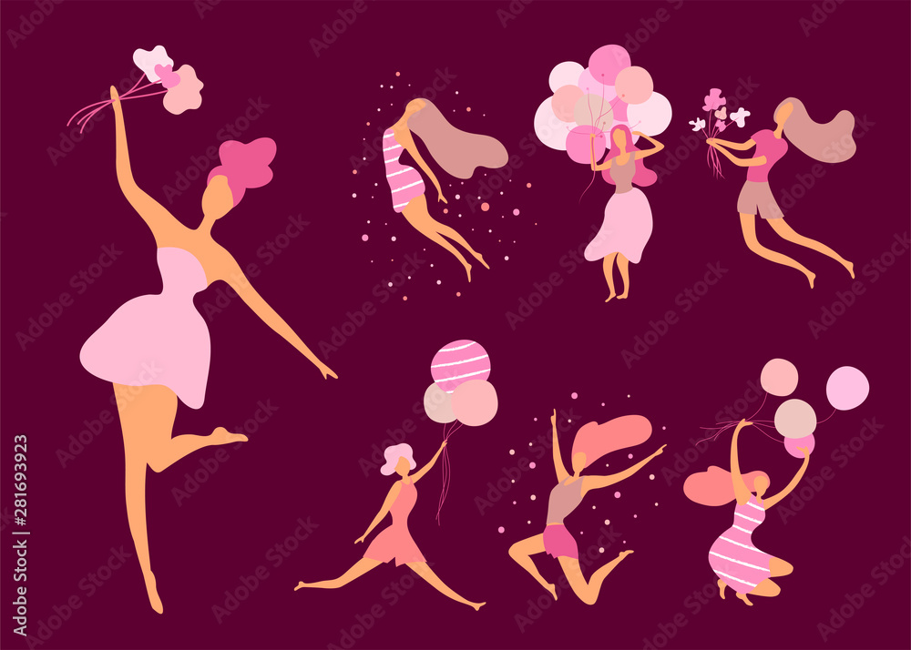 Set of silhouettes of cute girls in pink colors. Set of silhouettes of cute girls in pink colors.