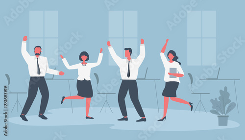 Office workers are celebrating the victory. Happy employees are dancing and jumping. Business people in the blue office room. Funky flat style. Vector illustration