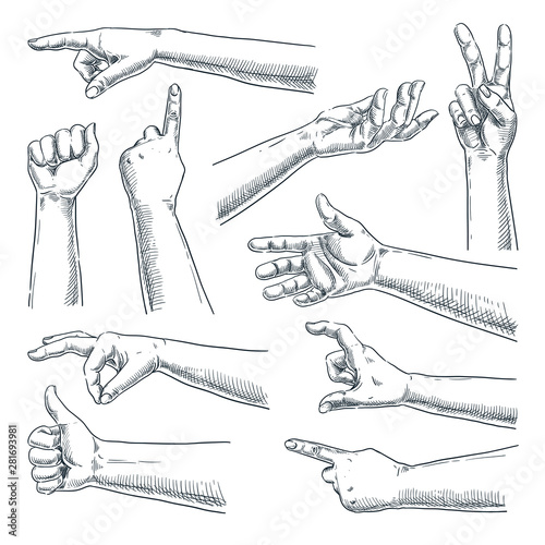 Human hand gesture. Vector sketch hand drawn illustration. Male or female hands collection, isolated on white background