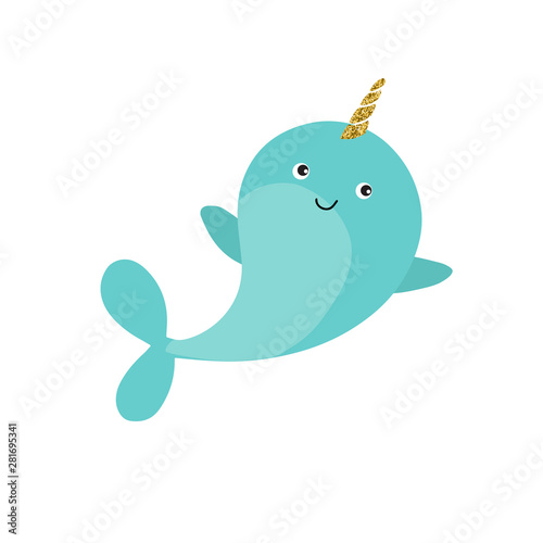 Magic narwhal on white background vector illustration flat design