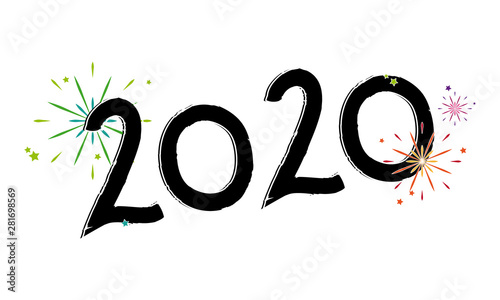 Happy New Year 2020 Handwritten with Fireworks