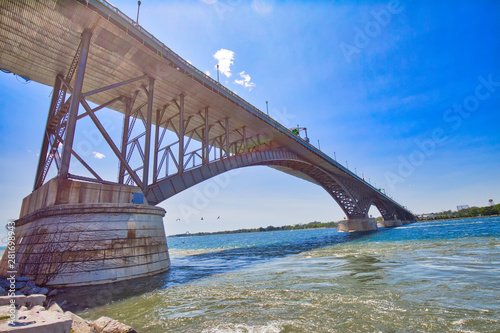 Fototapeta Naklejka Na Ścianę i Meble -  An international Peace Bridge between Canada and the United States at the east end of Lake Erie