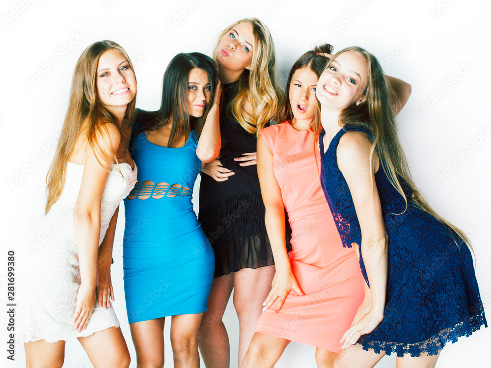 many girlfriends hugging celebration on white background, smiling talking chat close up, lifestyle people concept