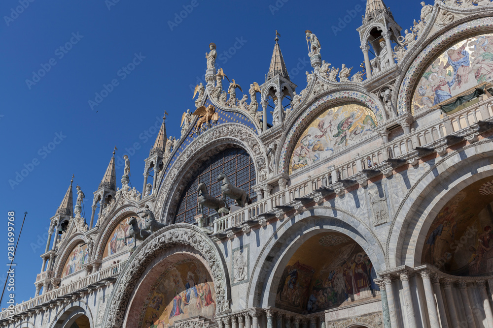 The beautiful Saint Mark's Basilica in Venice Italy.The basilica is on the Piazza San Marco in the historic city that is a popular tourist destination.