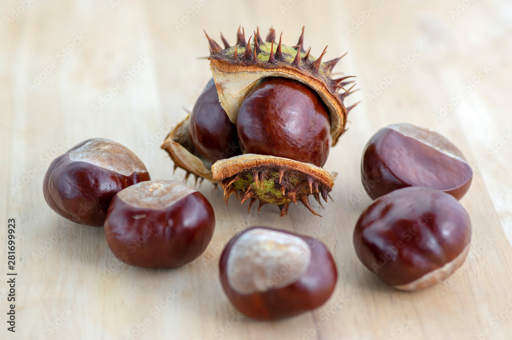 Group of fresh autumnal chestnuts on wooden table, spiny nuts isolated od brown background Group of fresh autumnal chestnuts on wooden table, spiny nuts isolated od brown background
