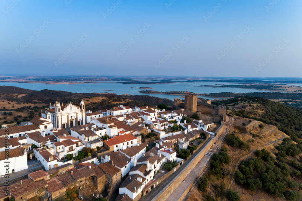 Aerial view of the beutiful historical village of Monsaraz, in Alentejo, Portugal; Concept for travel in Portugal