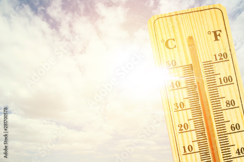 Thermometer in very hot day, high temperature or warm environment concept. thermometer in the sky, the heat