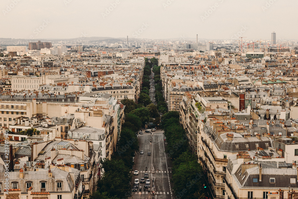 Paris, panoramic aerial view of Champs Elysees boulevard. France, Europe.