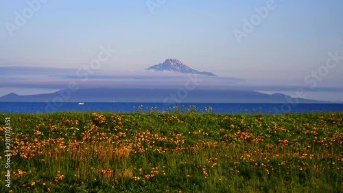 Rishiri Island seen over Sarobetsu Plain, Tenshio, Hokkaido photo