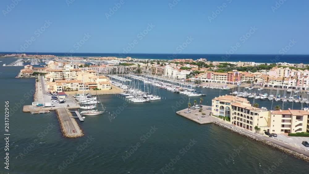 Aerial view of Port Leucate with mediterranean sea in background sunny day France Aude occitanie