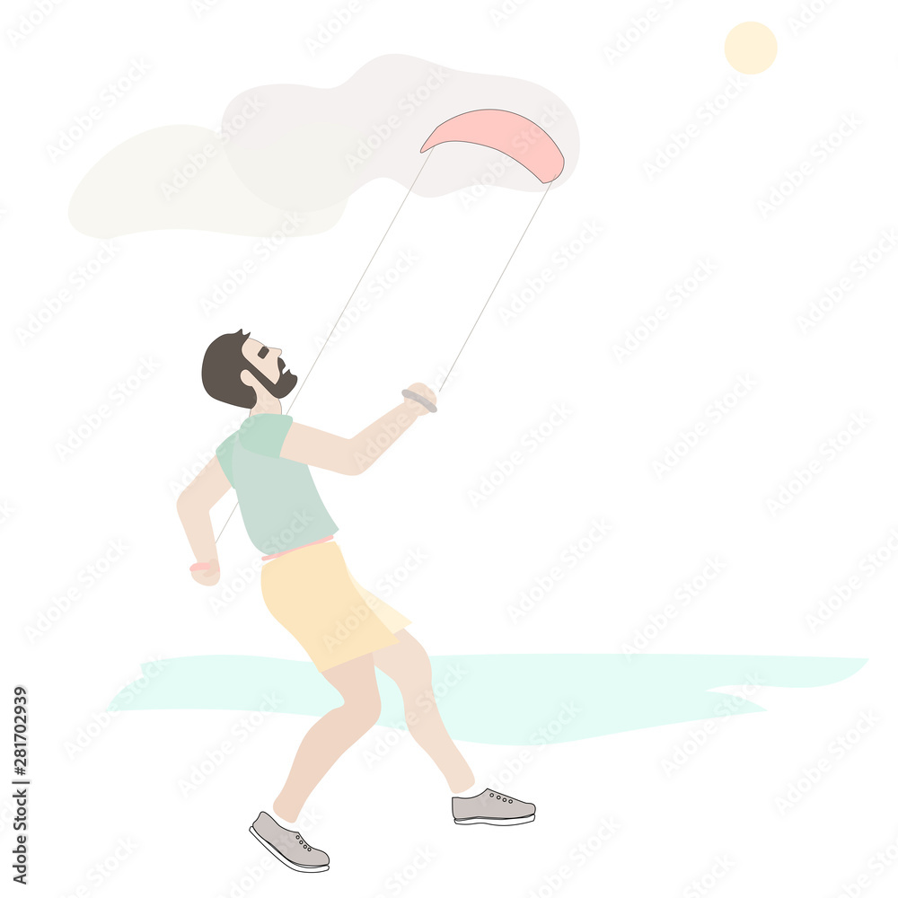 Vector icon illustration Man plays with a kite