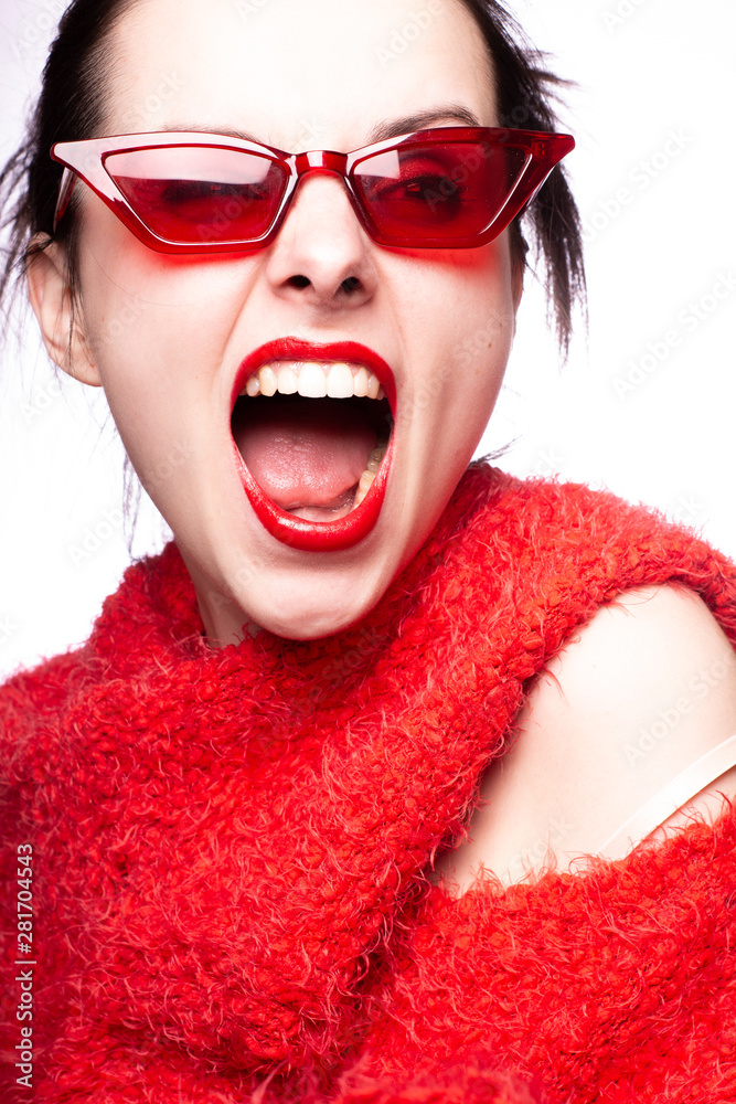 girl in red, red sweater, red glasses, red lipstick