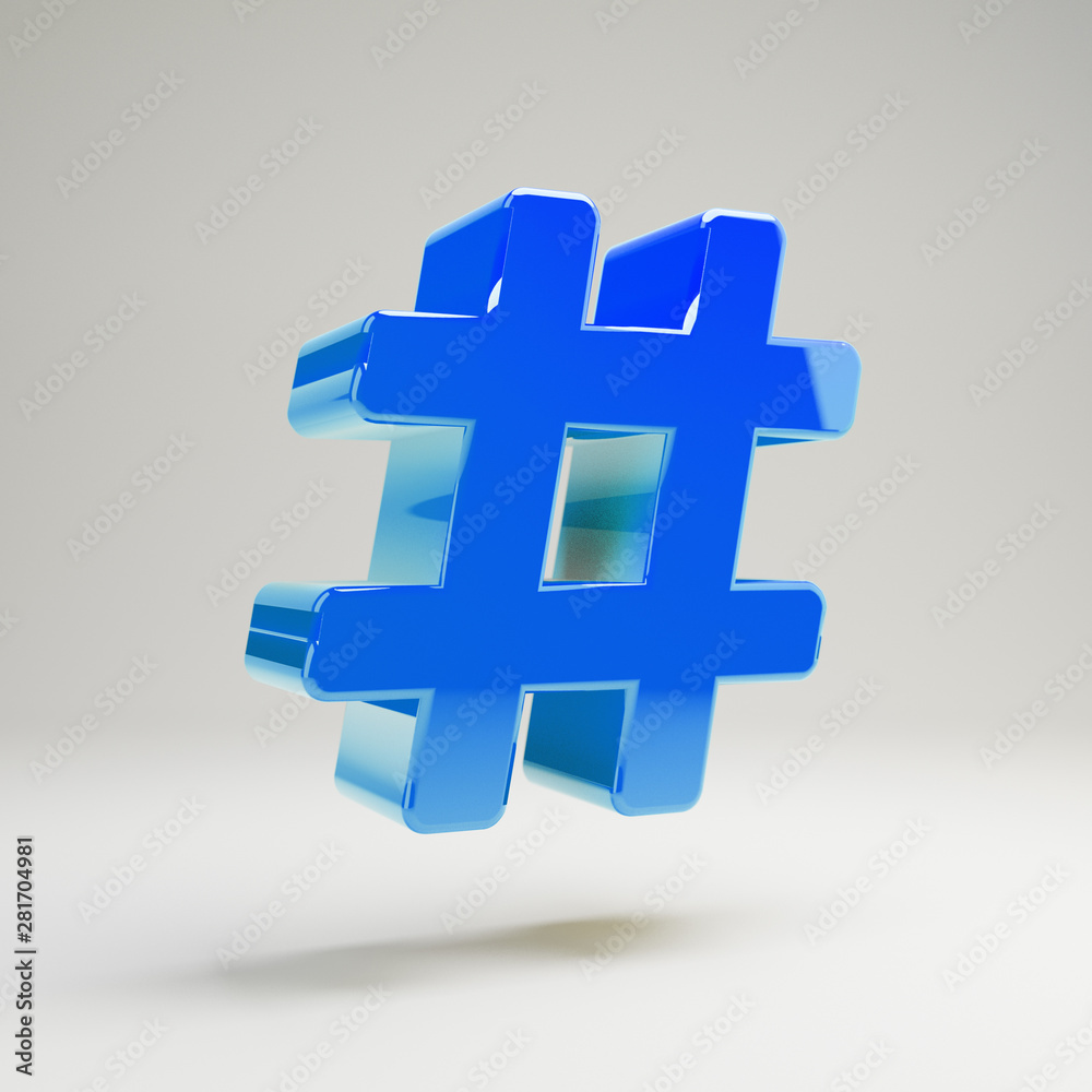 Obraz premium Volumetric glossy blue Hashtag icon isolated on white background.
