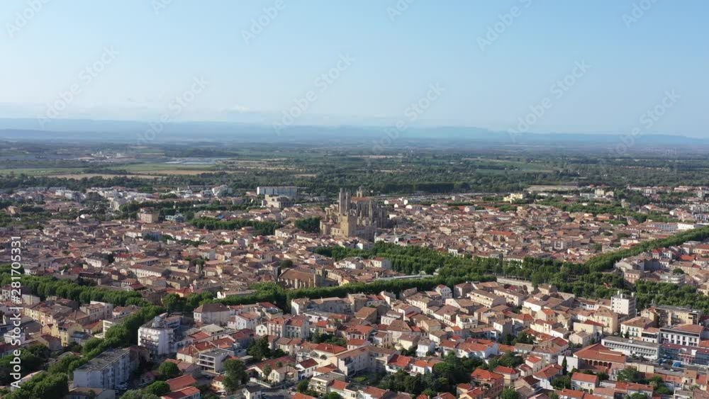 Large aerial view of Narbonne city Canal du Midi Aude River Canal de la Robine sunny day 
