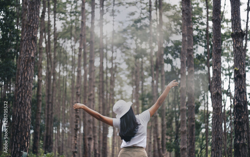 Rear View Of Woman with a raised hand in a pine forest enjoying nature