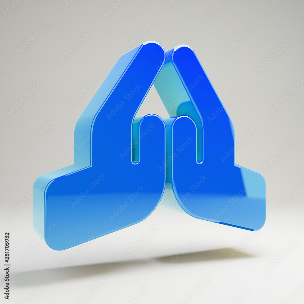 Volumetric glossy blue Praying Hands icon isolated on white background.