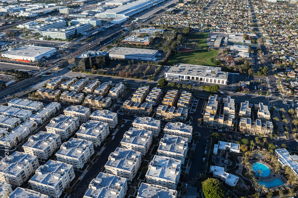 Aerial view of apartments in buildings near El Segundo and LAX in Los Angeles County, California.  