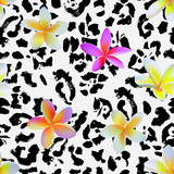 Seamless black and white grunge leopard skin animal pattern with tropical flowers vector