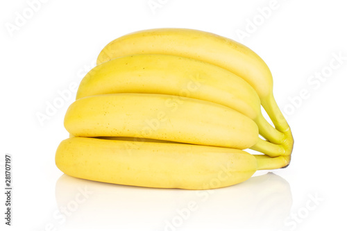 Group of four whole ripe yellow banana isolated on white background