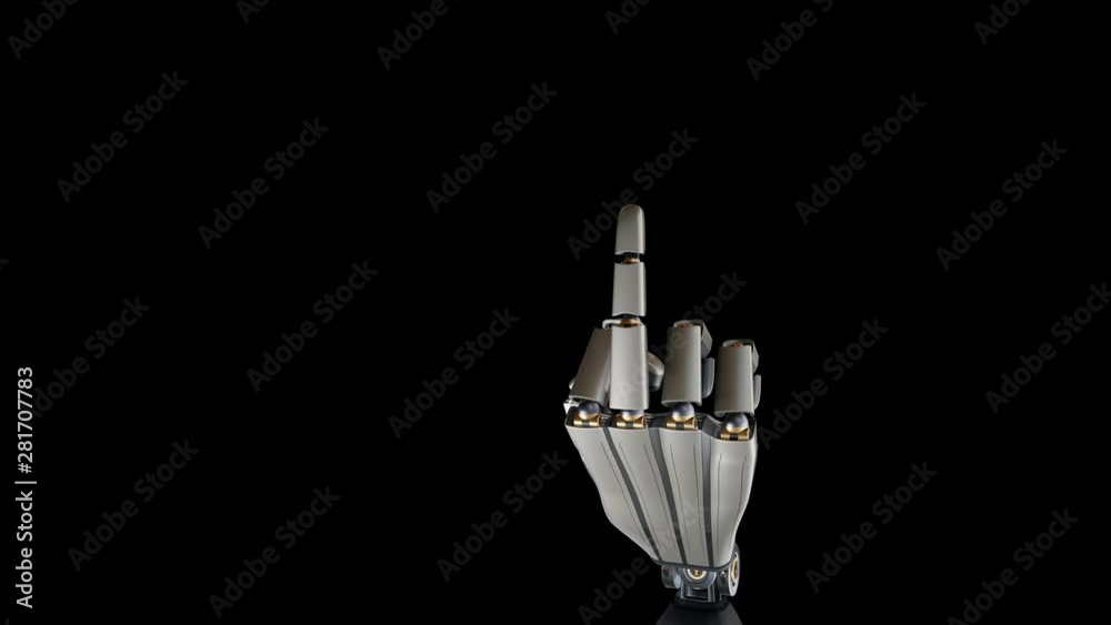  Metal robotic arm shows middle finger to viewer. Fuck gesture, metal shines, black background, 60 fps animation.