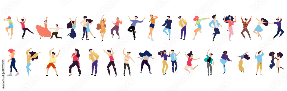 Fototapeta premium Crowd of young people dancing at club. Big set of characters having fun at party. Flat colorful vector illustration. - Vector