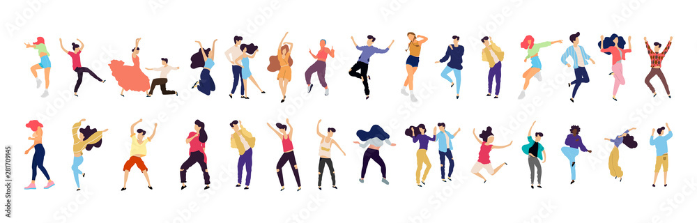 Crowd of young people dancing at club. Big set of characters having fun at party. Flat colorful vector illustration. - Vector Crowd of young people dancing at club. Big set of characters having fun at party. Flat colorful vector illustration. - Vector