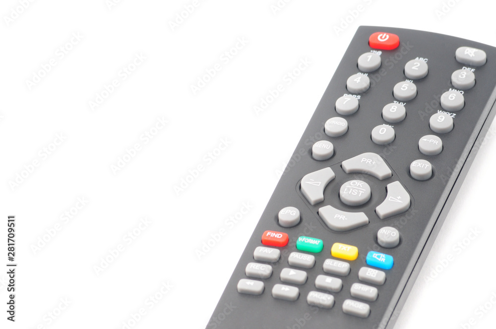 Remote control for digital TV tuners, music players, and disk drives on a white background Remote control for digital TV tuners, music players, and disk drives on a white background