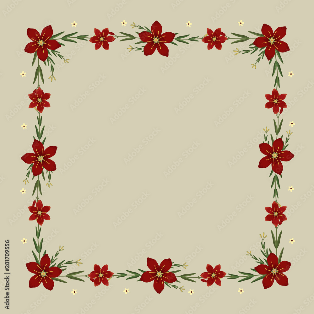 Floral greeting card and invitation template for wedding or birthday, Vector square shape of text box label and frame, Red cyrtanthus elatus flowers wreath ivy style with branch and leaves. Floral greeting card and invitation template for wedding or birthday, Vector square shape of text box label and frame, Red cyrtanthus elatus flowers wreath ivy style with branch and leaves.