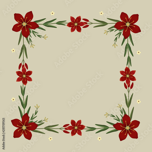 Floral greeting card and invitation template for wedding or birthday  Vector square shape of text box label and frame  Red cyrtanthus elatus flowers wreath ivy style with branch and leaves.