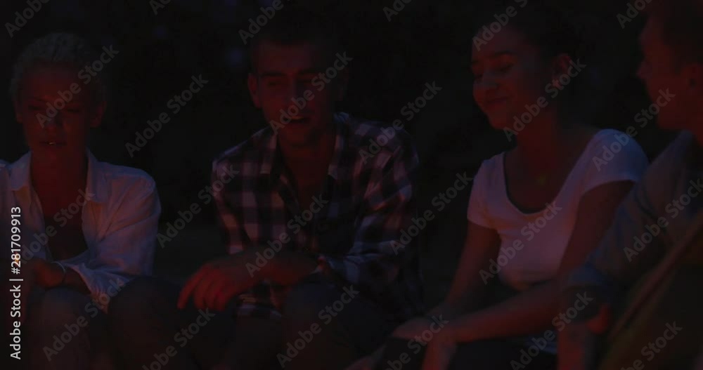 A group of happy young friends relaxing and enjoying summer evening around campfire on the river bank A group of happy young friends relaxing and enjoying summer evening around campfire on the river bank