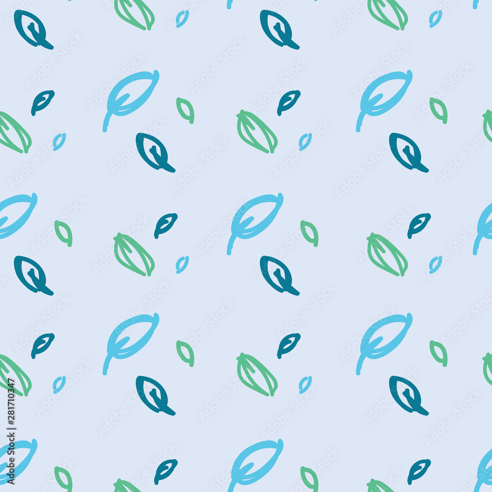 Fototapeta Fresh spring leaves seamless pattern in shades of blue and green with cool, fresh and clean look. Hand drawn leaves for fashion, textile, wrapping paper and wallpapers.