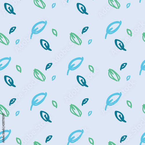 Fresh spring leaves seamless pattern in shades of blue and green with cool, fresh and clean look. Hand drawn leaves for fashion, textile, wrapping paper and wallpapers.