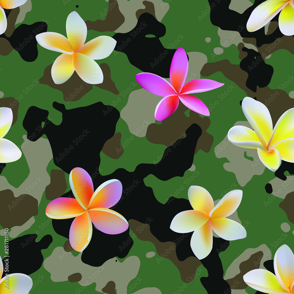 US Army woodland camo with tropical flowers pattern vector