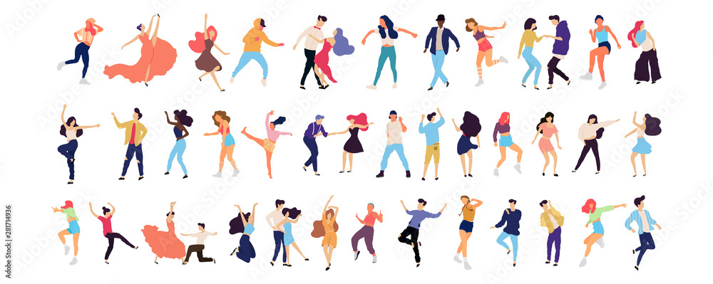 Crowd of young people dancing at club. Big set of characters having fun at party. Flat colorful vector illustration. - Vector Crowd of young people dancing at club. Big set of characters having fun at party. Flat colorful vector illustration. - Vector
