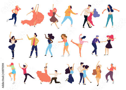 Crowd of young people dancing at club. Big set of characters having fun at party. Flat colorful vector illustration. - Vector