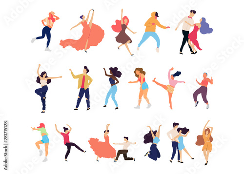 Crowd of young people dancing at club. Big set of characters having fun at party. Flat colorful vector illustration. - Vector