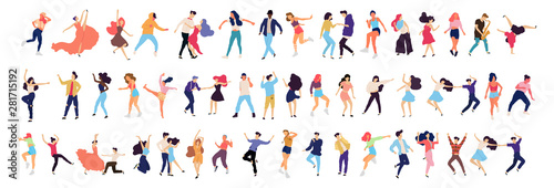 Crowd of young people dancing at club. Big set of characters having fun at party. Flat colorful vector illustration. - Vector