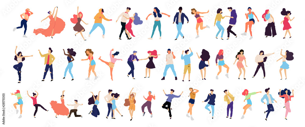 Crowd of young people dancing at club. Big set of characters having fun at party. Flat colorful vector illustration. - Vector