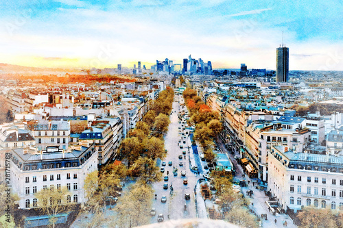 Beautiful Digital Watercolor Painting of Avenue Champs Elysees in Paris, France with La Defense Financial District in the background.