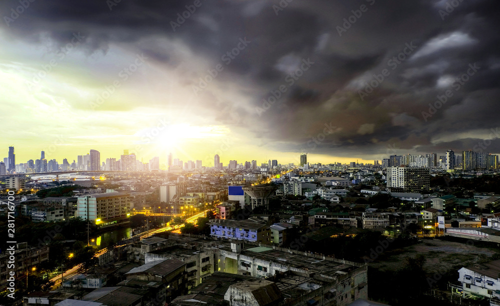 Evening view of the city atmosphere and night lights. Heavy rain and clouds.  in the city rain and cloudy storm dark and dramatic storm